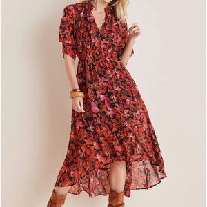 Feminine Venus High-Low Red Floral Flowy Maxi‎ Dress Size L Women's Sheer Lined